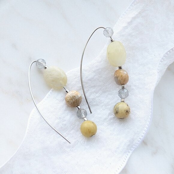 Sunset Moonstone, Labradorite, Yellow African Opal and Fossil Jasper Steel Hook - Picture 1 of 4